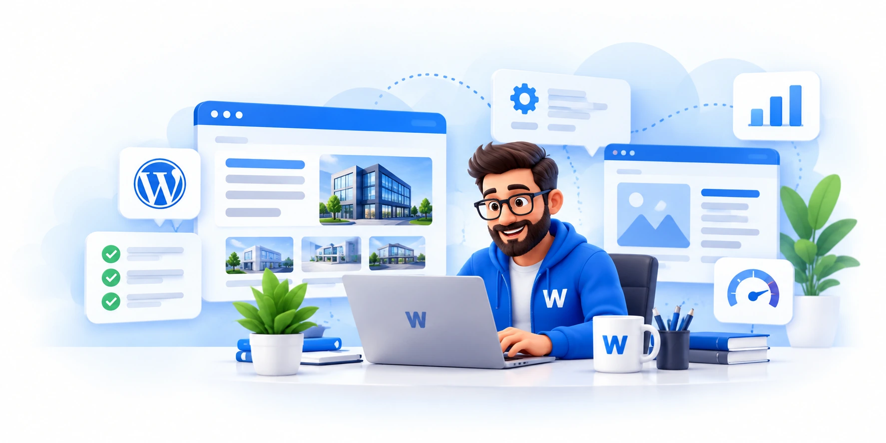 WebGeeks website project workflow with website UI, WordPress, review checklist, performance analytics and support cues